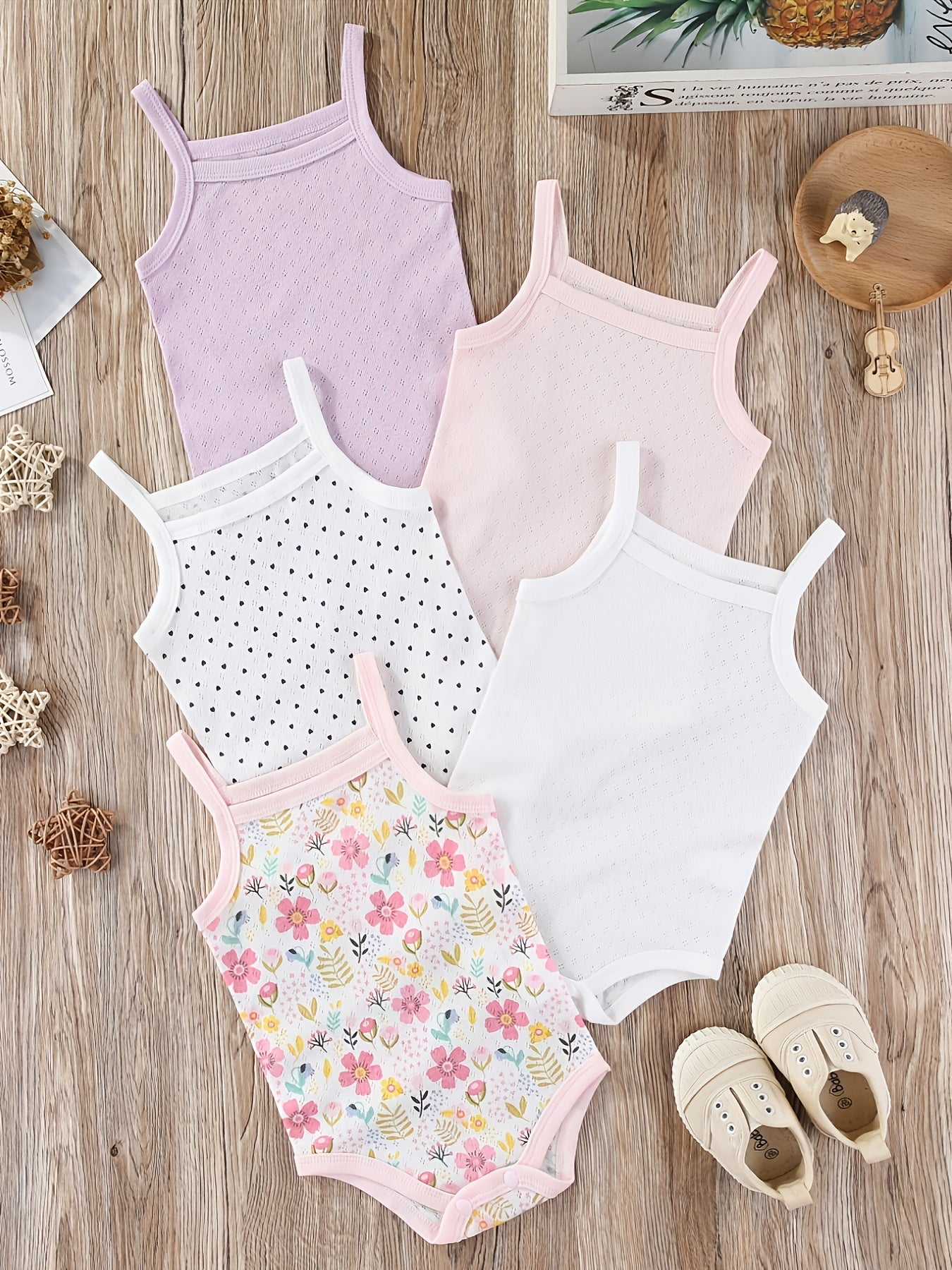 5 Pack Floral Baby Girls' Cotton Sleeveless Rompers - Lucy&Luna