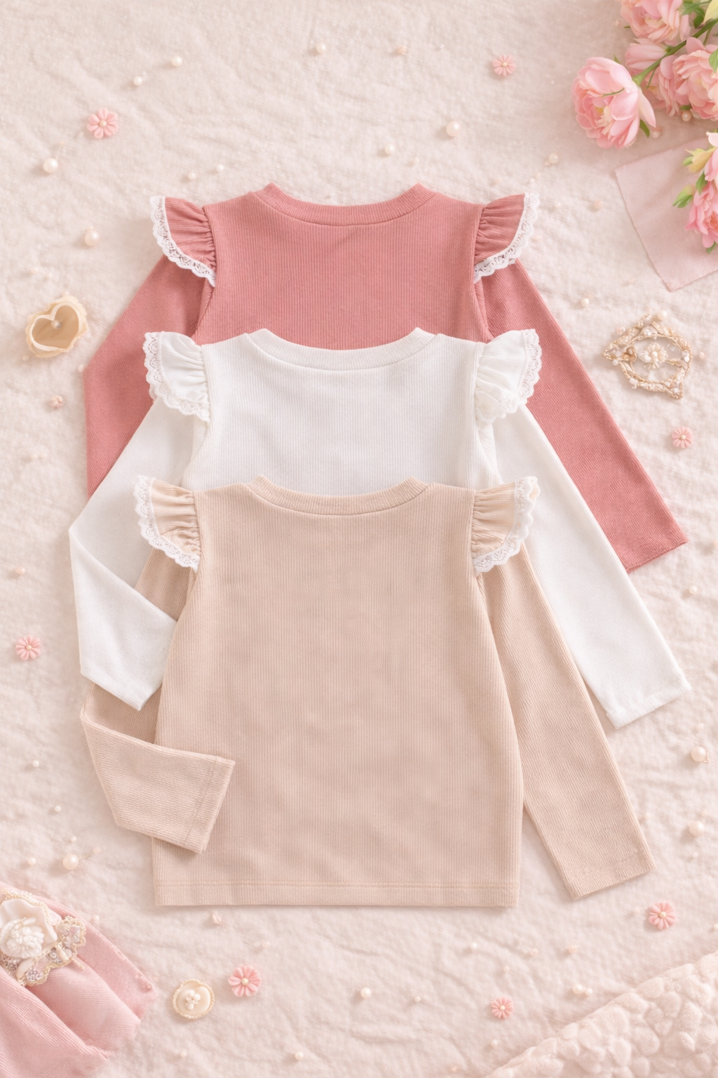 3pcs Set Girls' Casual Daily Wear Fashion Solid Color Lace Splicing Design Round Neck Long Sleeve T-Shirt Tops for Spring and Autumn