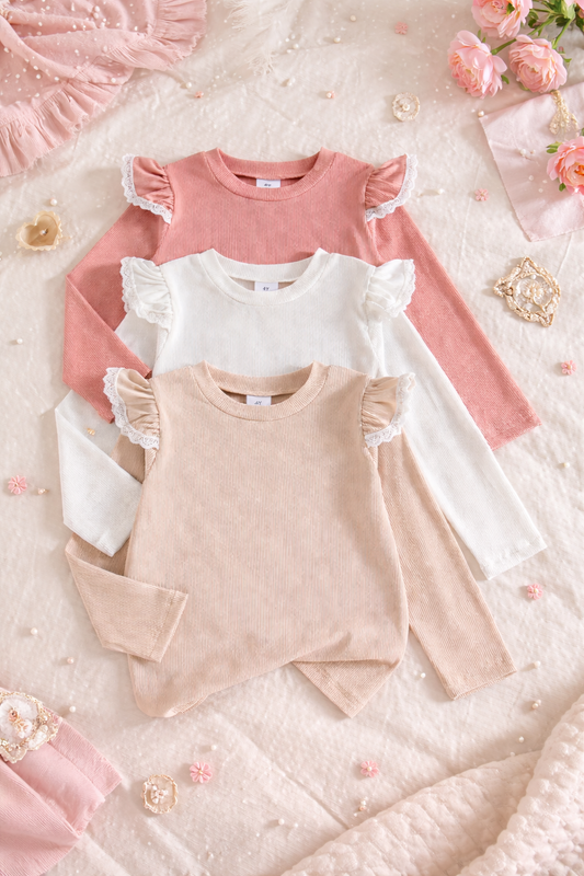 3pcs Set Girls' Casual Daily Wear Fashion Solid Color Lace Splicing Design Round Neck Long Sleeve T-Shirt Tops for Spring and Autumn