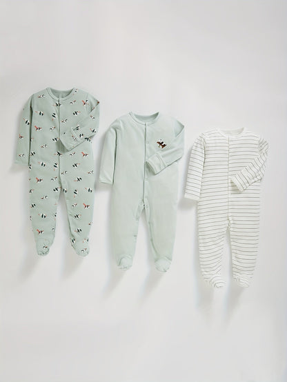Baby Boy 3 - Pack Green Sleeve Cotton Bodysuits - Lucy&Luna
