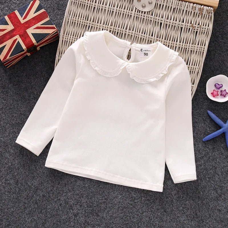 Fall Spring Little Girls Shirts Cotton Lace White Long Sleeve Child T-shirt Girls Kids Baby Toddler Tops and Blouses - Lucy&Luna