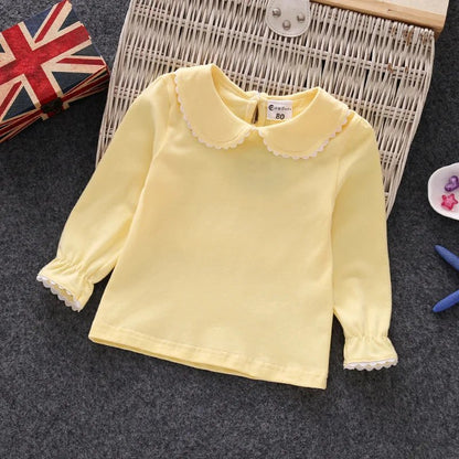 Fall Spring Little Girls Shirts Cotton Lace White Long Sleeve Child T-shirt Girls Kids Baby Toddler Tops and Blouses - Lucy&Luna