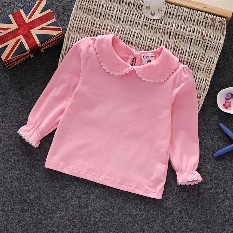 Fall Spring Little Girls Shirts Cotton Lace White Long Sleeve Child T-shirt Girls Kids Baby Toddler Tops and Blouses - Lucy&Luna