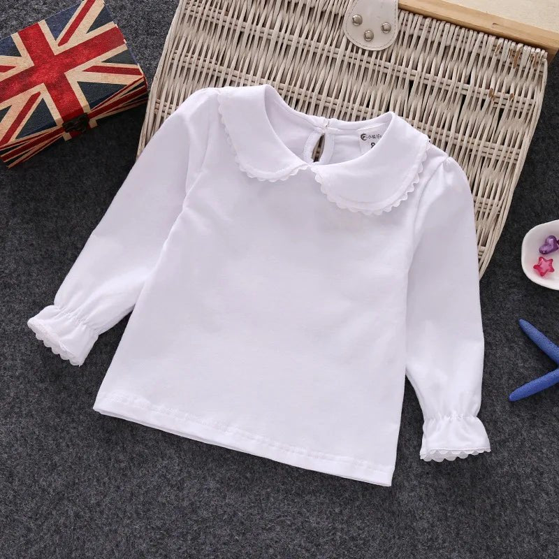 Fall Spring Little Girls Shirts Cotton Lace White Long Sleeve Child T-shirt Girls Kids Baby Toddler Tops and Blouses - Lucy&Luna