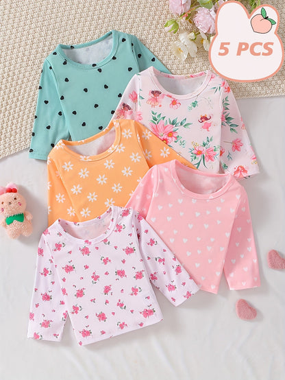 Girls' Clothing, Perfect for Back - to - school Season Gifts. Includes A Set Of 5 Long - sleeved Round - neck T-shirts with Cute Flower And Heart Prints, Ideal for Spring And Summer. Suitable for Holidays And School Wear. - Lucy&Luna