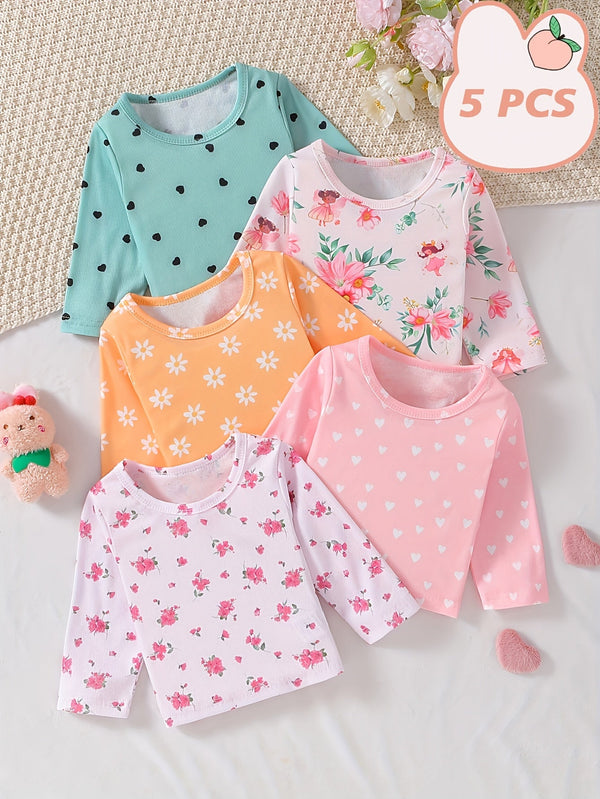 Girls' Clothing, Perfect for Back - to - school Season Gifts. Includes A Set Of 5 Long - sleeved Round - neck T-shirts with Cute Flower And Heart Prints, Ideal for Spring And Summer. Suitable for Holidays And School Wear. - Lucy&Luna