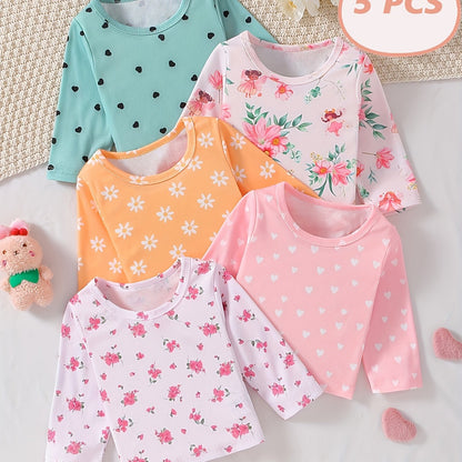 Girls' Clothing, Perfect for Back - to - school Season Gifts. Includes A Set Of 5 Long - sleeved Round - neck T-shirts with Cute Flower And Heart Prints, Ideal for Spring And Summer. Suitable for Holidays And School Wear. - Lucy&Luna