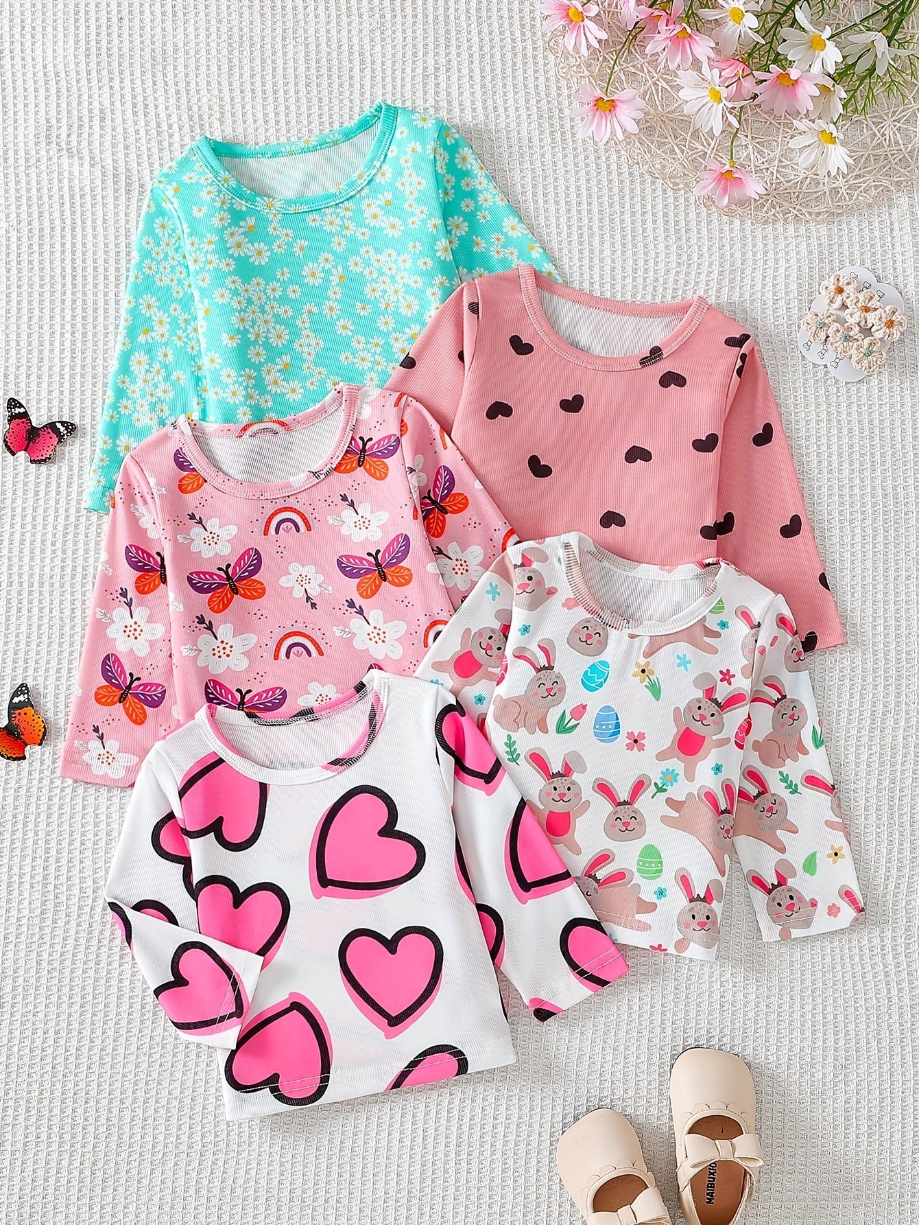Girls' Clothing, Perfect for Back - to - school Season Gifts. Includes A Set Of 5 Long - sleeved Round - neck T-shirts with Cute Flower And Heart Prints, Ideal for Spring And Summer. Suitable for Holidays And School Wear. - Lucy&Luna