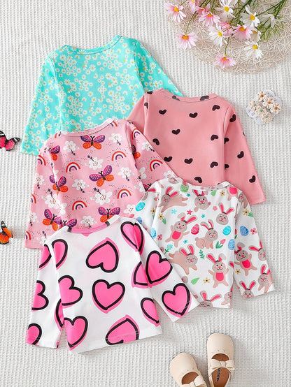 Girls' Clothing, Perfect for Back - to - school Season Gifts. Includes A Set Of 5 Long - sleeved Round - neck T-shirts with Cute Flower And Heart Prints, Ideal for Spring And Summer. Suitable for Holidays And School Wear. - Lucy&Luna