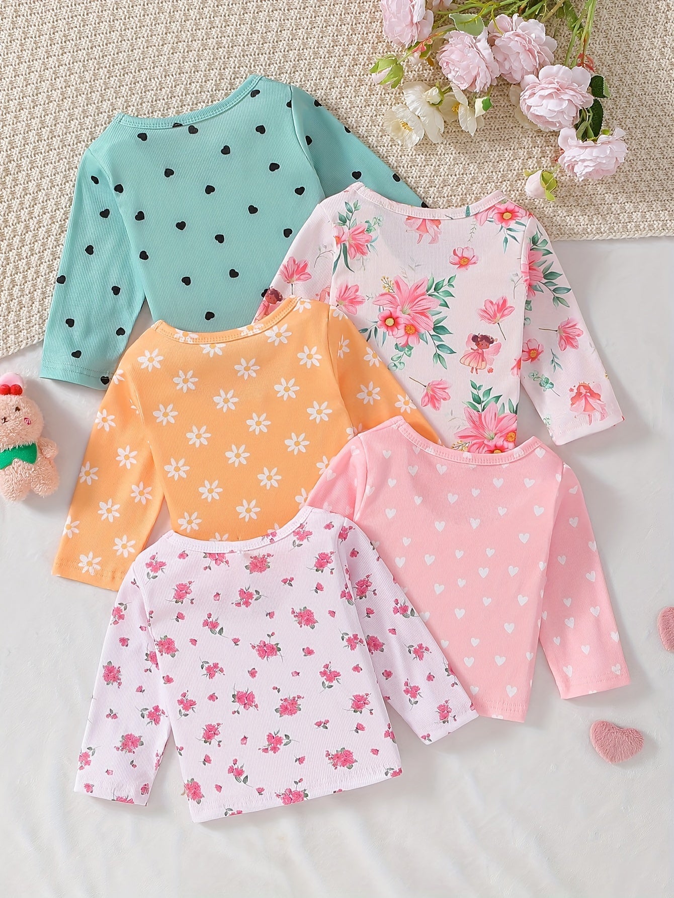 Girls' Clothing, Perfect for Back - to - school Season Gifts. Includes A Set Of 5 Long - sleeved Round - neck T-shirts with Cute Flower And Heart Prints, Ideal for Spring And Summer. Suitable for Holidays And School Wear. - Lucy&Luna