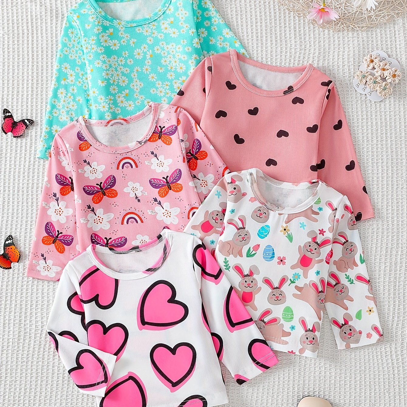 Girls' Clothing, Perfect for Back - to - school Season Gifts. Includes A Set Of 5 Long - sleeved Round - neck T-shirts with Cute Flower And Heart Prints, Ideal for Spring And Summer. Suitable for Holidays And School Wear. - Lucy&Luna