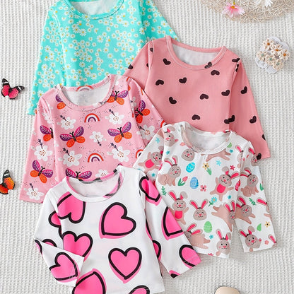 Girls' Clothing, Perfect for Back - to - school Season Gifts. Includes A Set Of 5 Long - sleeved Round - neck T-shirts with Cute Flower And Heart Prints, Ideal for Spring And Summer. Suitable for Holidays And School Wear. - Lucy&Luna