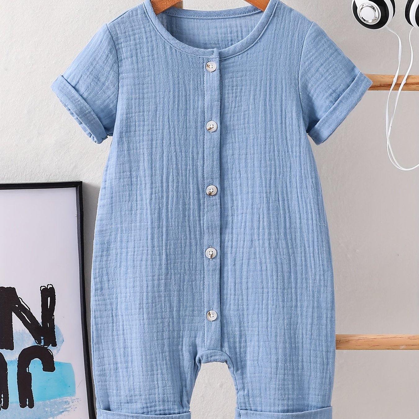 Light Blue Cotton Short - Sleeve Baby Romper - Lucy&Luna