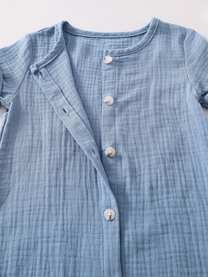 Light Blue Cotton Short - Sleeve Baby Romper - Lucy&Luna