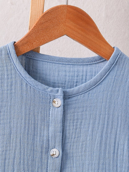 Light Blue Cotton Short - Sleeve Baby Romper - Lucy&Luna