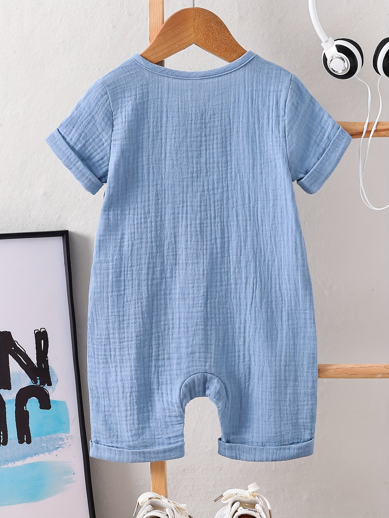 Light Blue Cotton Short - Sleeve Baby Romper - Lucy&Luna